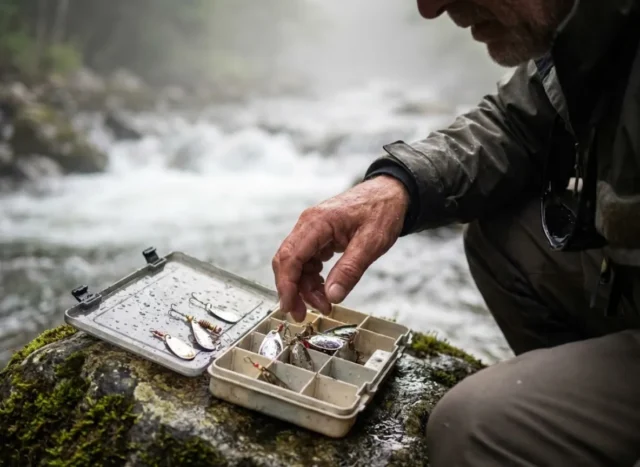 best-trout-lures-selection-river Angler looking at an open tackle box full of trout spinners and spoons on a river rock.