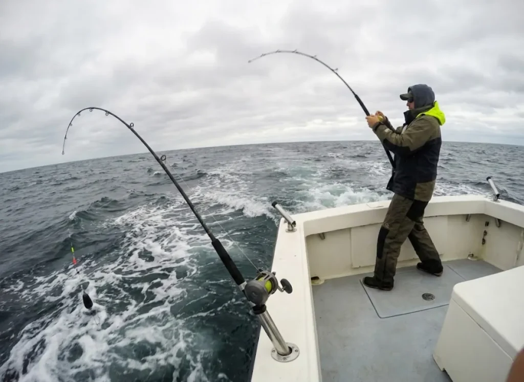 Angler vertically jigging off the side of a boat while another rod trolls in a holder.