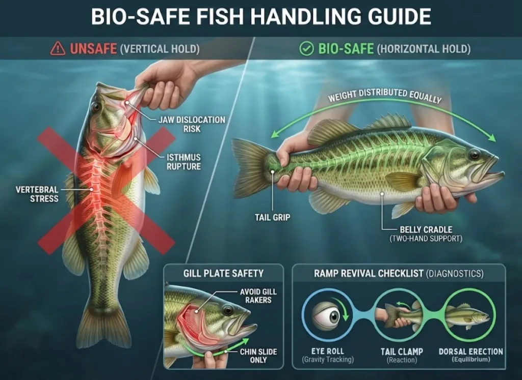 A detailed infographic titled "BIO-SAFE FISH HANDLING GUIDE." The left side shows a "UNSAFE (VERTICAL HOLD)" with a large fish held by the jaw, highlighting red skeletal stress points in the neck and jaw with text labels like "VERTEBRAL STRESS" and "JAW DISLOCATION RISK." The right side shows a "BIO-SAFE (HORIZONTAL HOLD)" with the fish supported by two hands cradling the belly and tail, showing relaxed green internal anatomy and text labels like "TWO-HAND SUPPORT" and "WEIGHT DISTRIBUTED EQUALLY." Below are insets for "GILL PLATE SAFETY" showing correct finger placement, and a "RAMP REVIVAL CHECKLIST" with icons for "EYE ROLL," "TAIL CLAMP," and "DORSAL ERECTION." The style is premium vector-realism with glowing anatomical overlays.