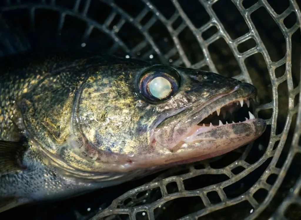 Close-up macro shot of a walleye's glassy eye and sharp teeth in a net.
