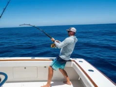 Bluefin Tuna: Facts, Biology & Angling Insights A full-body shot of an angler on a sportfishing boat, wearing protective sun gear and straining to reel in a large bluefin tuna under the bright sun.