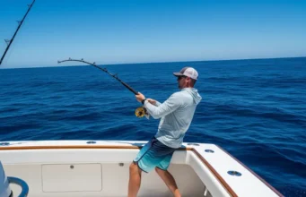 Bluefin Tuna: Facts, Biology & Angling Insights A full-body shot of an angler on a sportfishing boat, wearing protective sun gear and straining to reel in a large bluefin tuna under the bright sun.