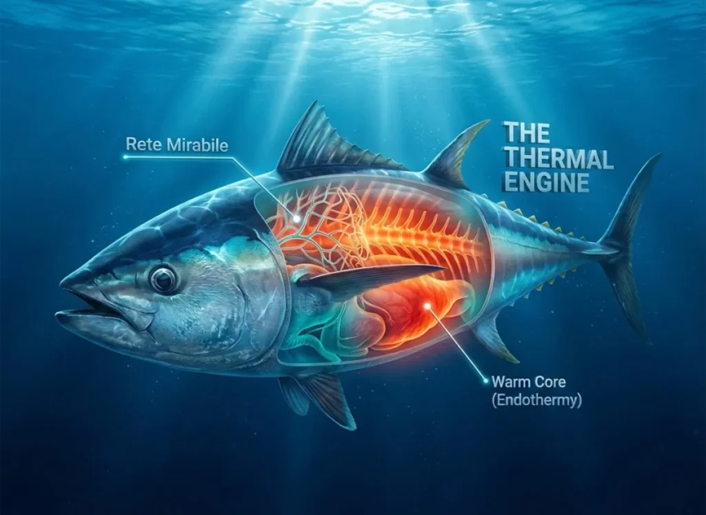 A sophisticated 3D cutaway illustration of a Bluefin Tuna swimming in deep water. The image highlights its internal "Rete Mirabile" system with a glowing heat map gradient, showing a warm orange core contrasting with the cold blue ocean. Labels indicate "The Thermal Engine" and specific anatomical features.