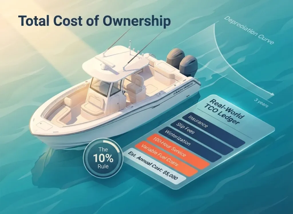 A sophisticated 3D isometric infographic showing a premium fishing boat on stylized water. A floating financial ledger illustrates the "10% Rule" for boat ownership costs, breaking down insurance, maintenance, and slip fees against a $50,000 purchase price.
