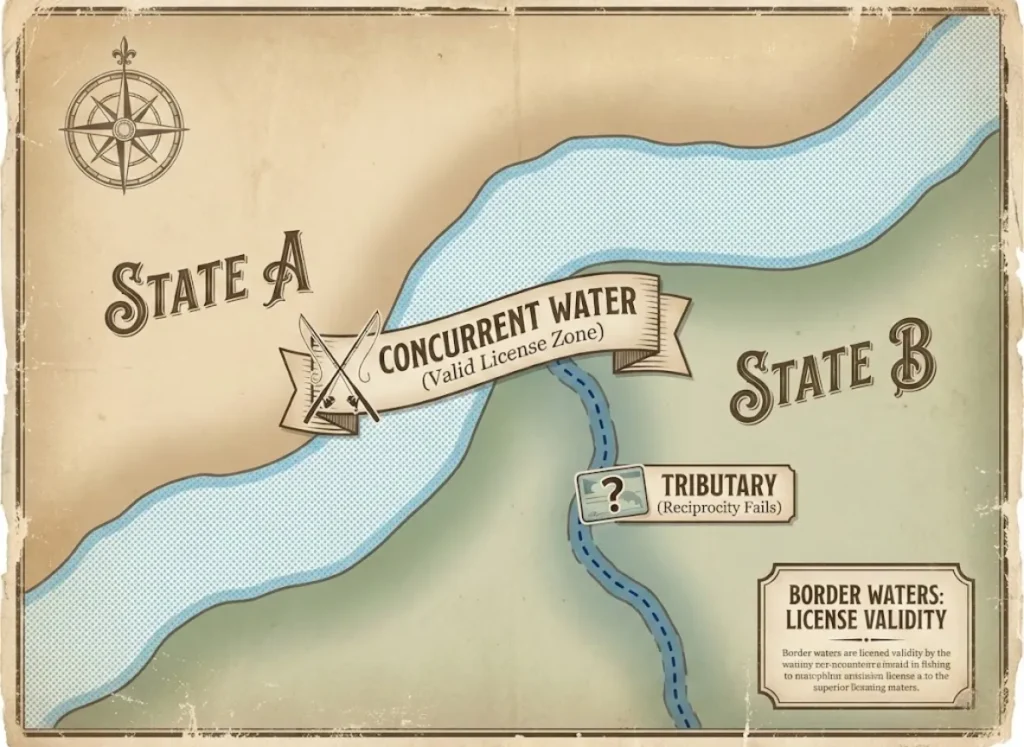 A stylized infographic map illustrating the concept of "Concurrent Water" and "Tributary" zones on a river forming a state border, highlighting where a fishing license is valid and where reciprocity fails.