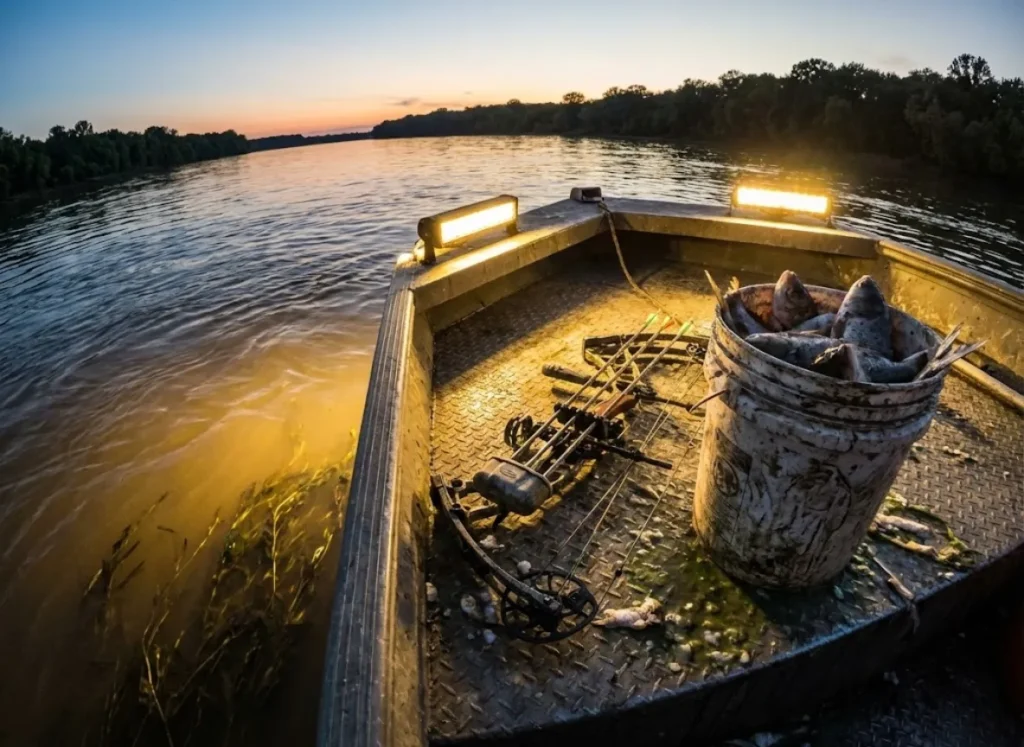 A bowfishing boat deck at night illuminated by floodlights with equipment ready for carp removal.