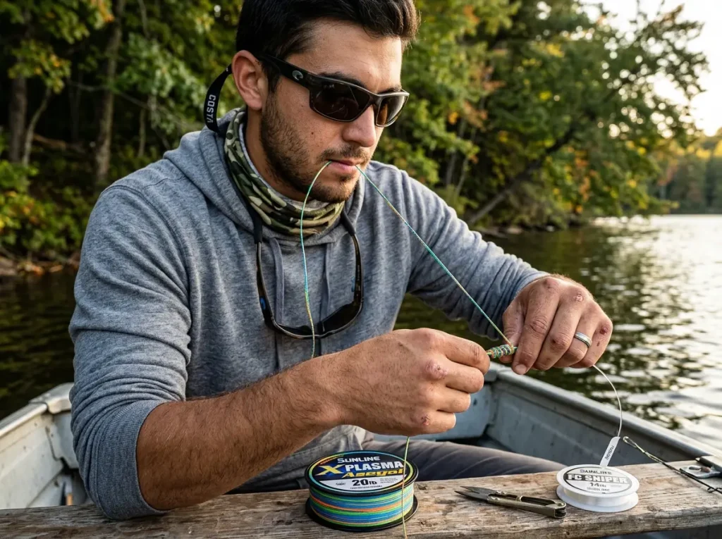 Angler tying an FG knot connecting braided fishing line to a fluorocarbon leader on the water