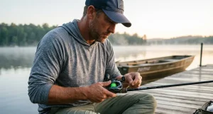 Braid vs Fluorocarbon vs Mono Which Line to Use Angler spooling braided fishing line onto a baitcaster at dawn, choosing braid vs fluorocarbon vs mono