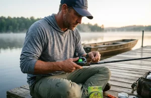Braid vs Fluorocarbon vs Mono Which Line to Use Angler spooling braided fishing line onto a baitcaster at dawn, choosing braid vs fluorocarbon vs mono