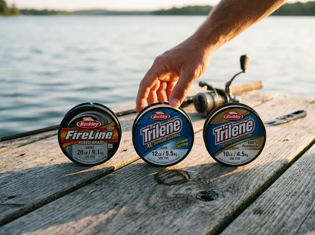 Three spools of fishing line braid mono and fluorocarbon lined up on weathered dock wood