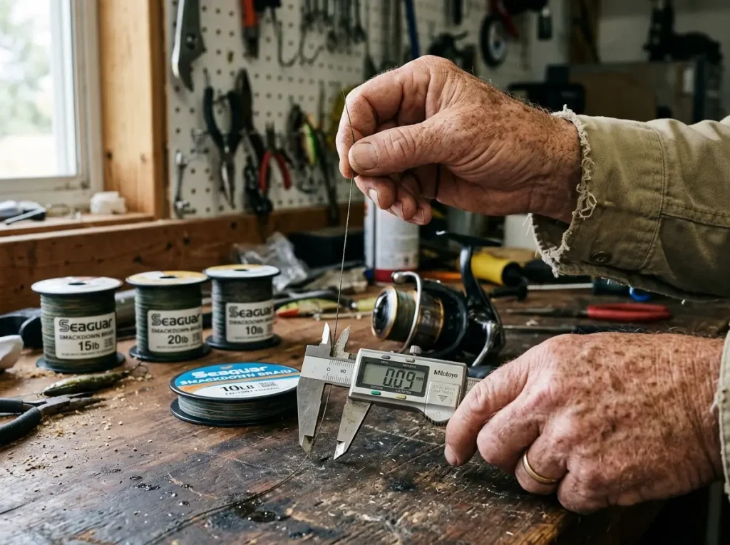 Thin braided fishing line held between fingers next to a digital caliper showing small diameter