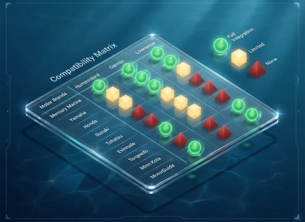 A futuristic, high-fidelity 3D compatibility matrix chart displayed on a glass interface, comparing Trolling Motor Brands against MFD Brands like Humminbird, Garmin, and Lowrance, using glowing green, yellow, and red indicators to show integration levels.