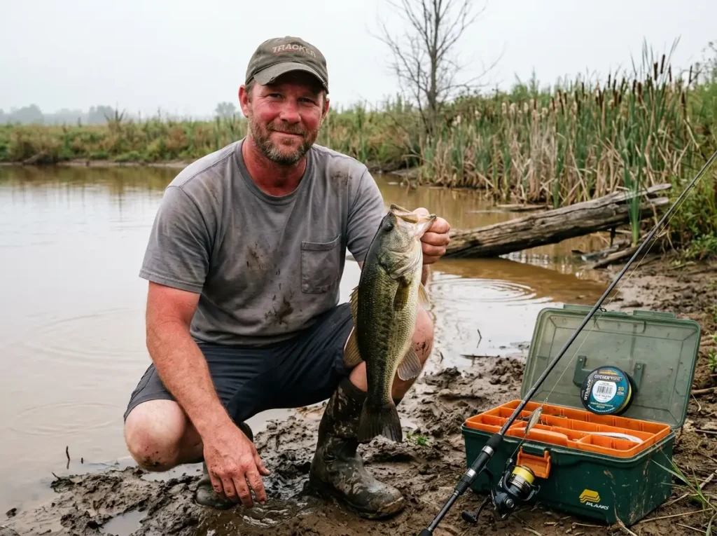 Budget spool of braided fishing line on a tackle box beside a bass caught on a farm pond