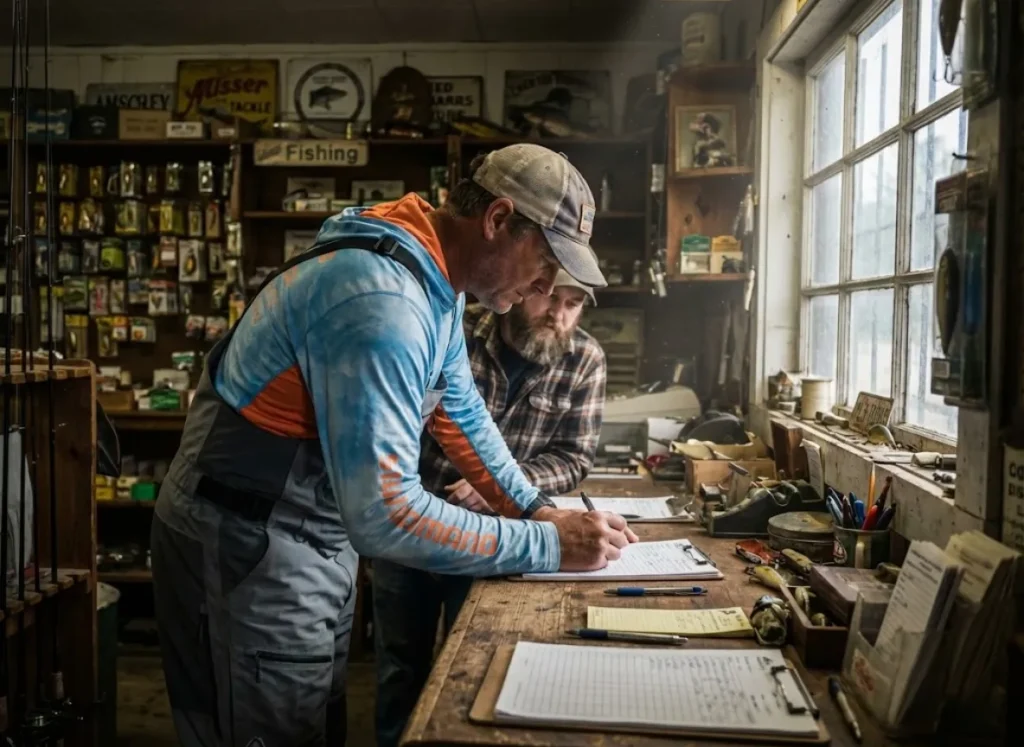 An angler filling out paperwork for a fishing license at a rustic tackle shop counter.
