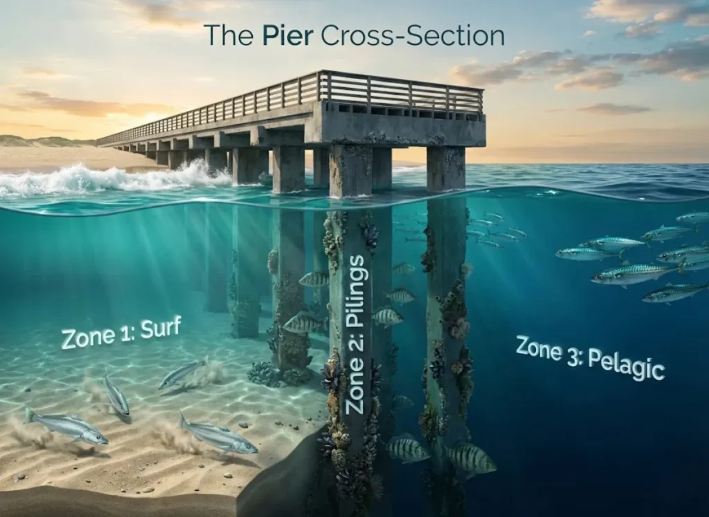 A detailed cross-section illustration of a California fishing pier extending into the ocean. The diagram is divided into three sections: Zone 1 Surf with Corbina, Zone 2 Pilings with Perch, and Zone 3 Pelagic with Mackerel, showcasing the underwater topography and fish habitats.