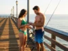 The Definitive Guide to California’s Best Fishing Piers A full-body shot of a young couple fishing on a wooden pier in California during a golden sunset, as captured by a smartphone.