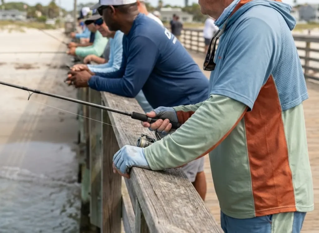 Anglers leaning on the railing of a public pier, looking out at the shoreline, demonstrating open public access to the ocean.