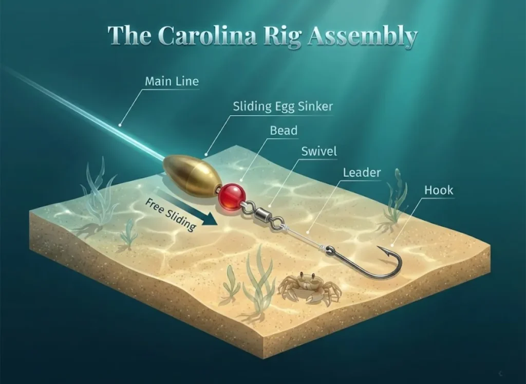 A detailed, high-end 3D infographic illustrating the Carolina Rig fishing setup underwater. The diagram labels the Main Line, Sliding Egg Sinker, Bead, Swivel, Leader, and Hook, with a specific callout showing the free-sliding motion of the sinker on a sandy ocean floor.