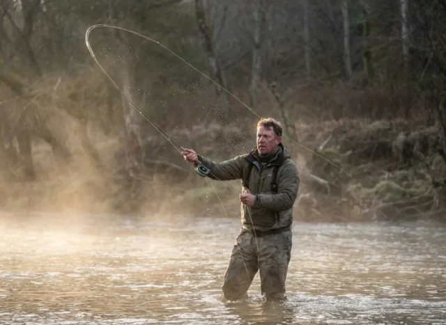 casting-baitcaster-river-action Angler wading in a river executing a powerful cast with a baitcasting rod at sunrise.