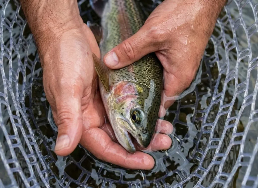 Wet hands holding a rainbow trout underwater in a rubber net to ensure survival.