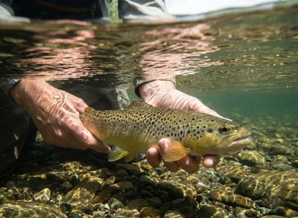 An underwater view of a trout being gently released by an angler's wet hands into the river current.
