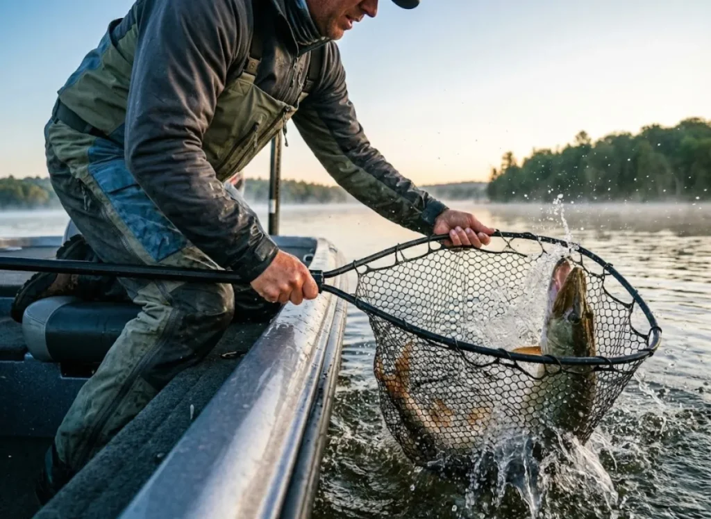 Angler straining to net a large splashing muskellunge alongside a fishing boat.