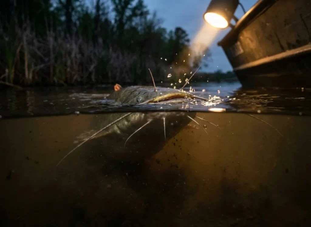Close up of a catfish head breaking the surface of dark water at night, highlighting its whiskers.