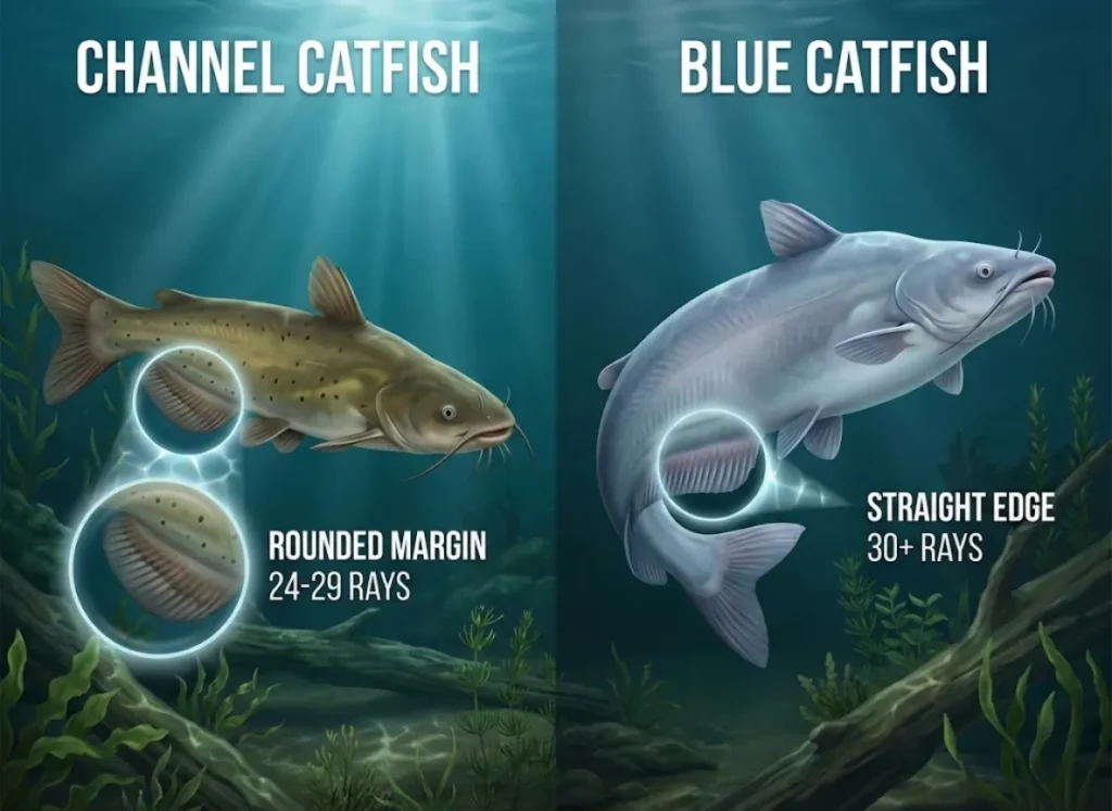 A detailed side-by-side biological illustration comparing a Channel Catfish and a Blue Catfish underwater. The visual focuses on the anal fins, highlighting the rounded shape of the Channel Catfish with the text "24-29 Rays" and the straight, comb-like shape of the Blue Catfish with the text "30+ Rays."