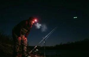 Catfish Fishing at Night: A Tactical Blueprint An angler standing on a riverbank at night using a red headlamp to check a fishing rod with a glow stick on the tip.