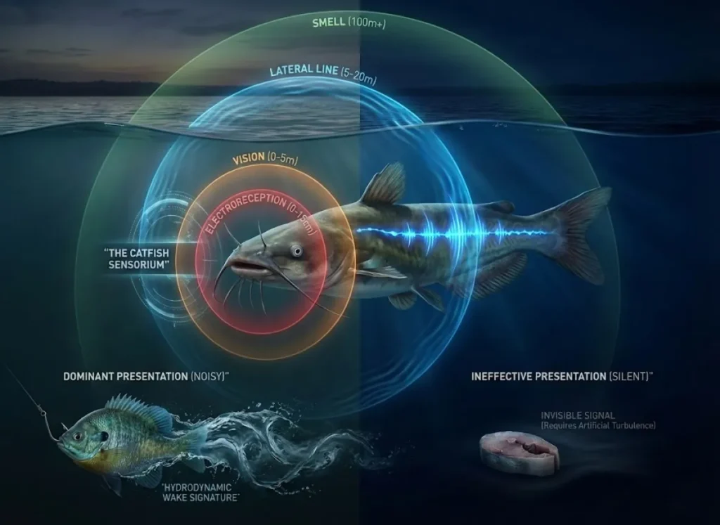 A sophisticated infographic illustrating the catfish "Sensory Handover" at dusk. A large catfish is central, surrounded by glowing concentric rings showing sensory ranges: Electroreception, Vision, Lateral Line, and Smell. Below, two scenarios show a vigorous live bait creating a hydrodynamic wake detected by the catfish's glowing lateral line, contrasted with a motionless lethargic bait labeled as an invisible signal. The aesthetic is a blend of photorealistic underwater photography and high-tech data visualization.