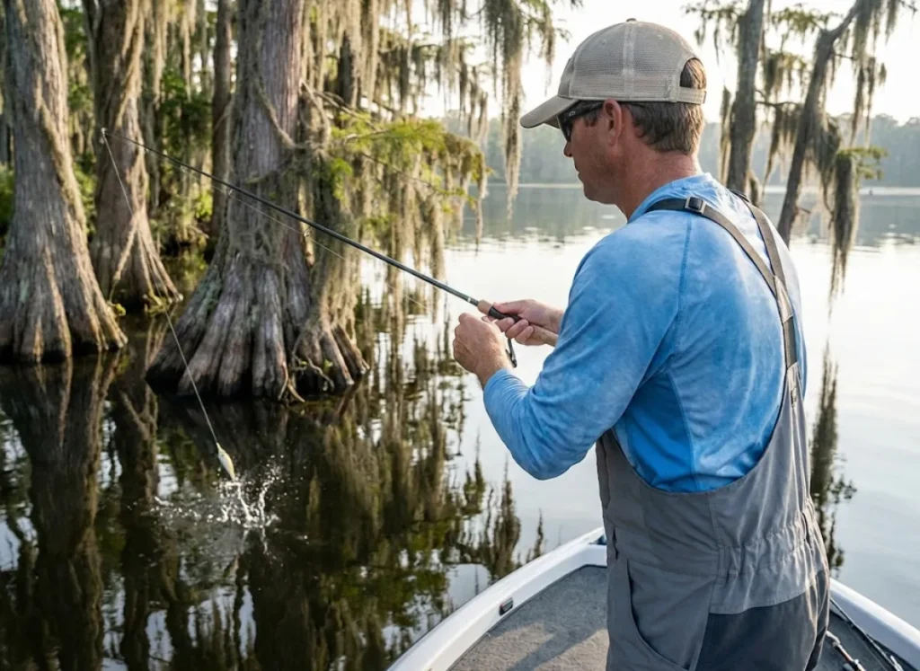 Angler casting a fishing lure towards cypress trees with Spanish moss on a calm lake.
