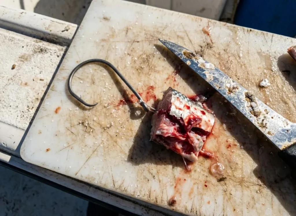 Fresh cut shad bait being rigged on a circle hook on a weathered bait board.
