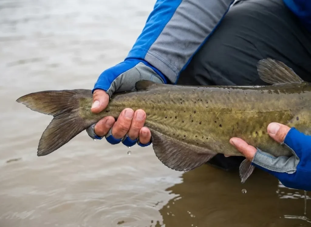 A close-up side view of a channel catfish being held by an angler, showing its forked tail and dark spots.