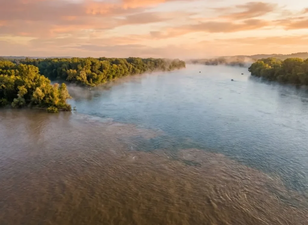 A wide landscape shot of a river confluence at dawn, showing typical channel catfish migratory habitat.