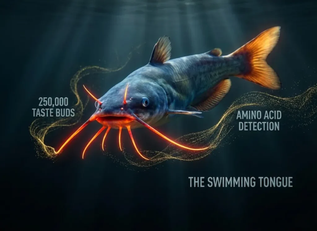 A realistic scientific illustration of a Channel Catfish swimming underwater. A glowing thermal heatmap overlay highlights intense red and orange zones on its whiskers (barbels) and tail to represent taste bud density, contrasted against cool blue body tones. Text labels read "250,000 Taste Buds" and "Amino Acid Detection.