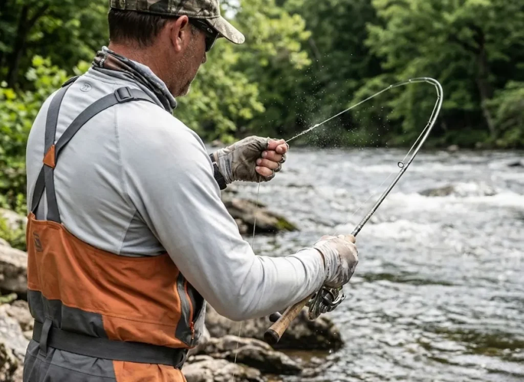 Angler testing fishing reel drag tension by hand on a riverbank.