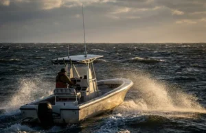 Choosing a Fishing Boat: The Hull-to-Habitat Guide A center console fishing boat cutting through choppy waves at sunrise, highlighting the importance of hull selection for ocean conditions.