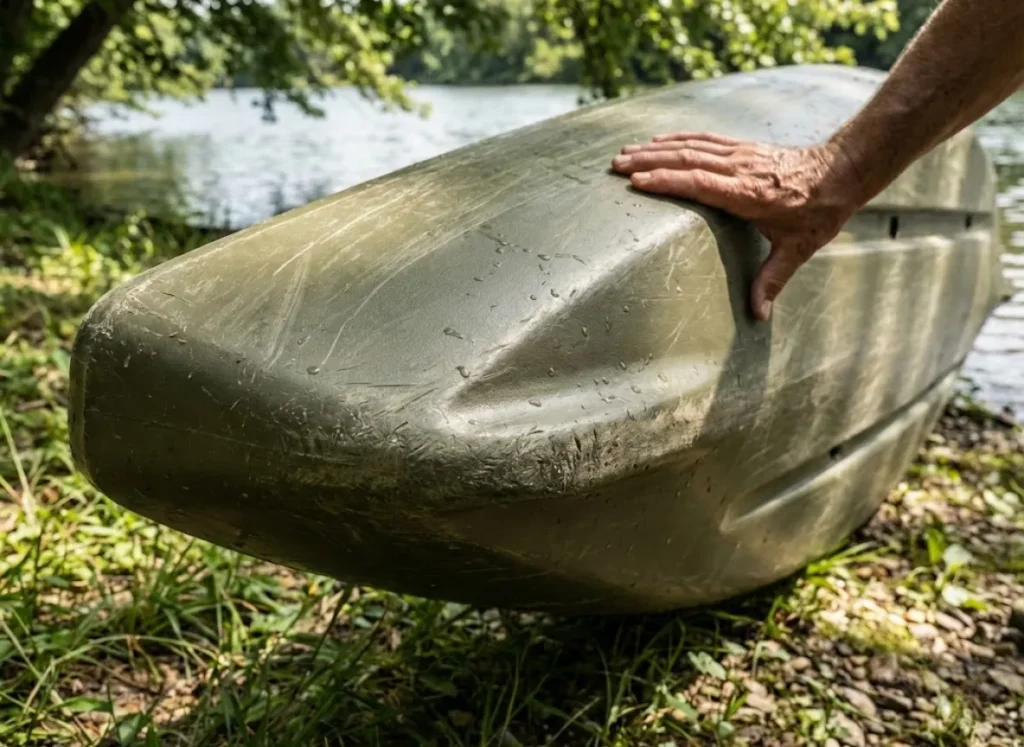 Close up of a kayak hull being inspected by an angler on a grassy riverbank.