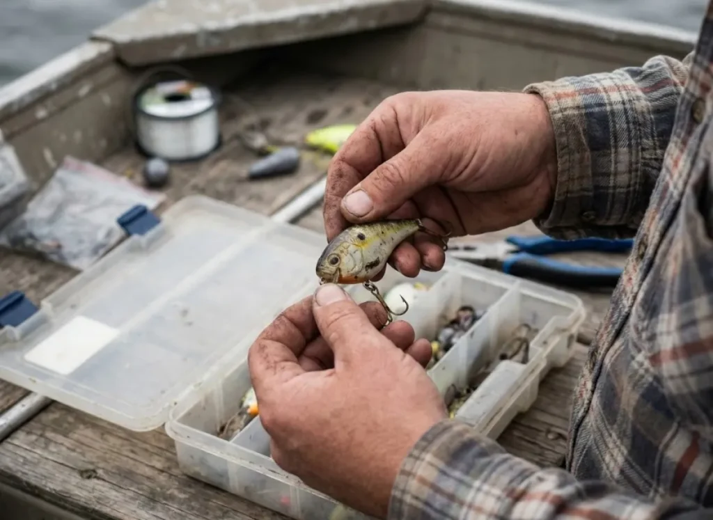 Close up of an angler's hands selecting a scratched crankbait from a disorganized tackle box.
