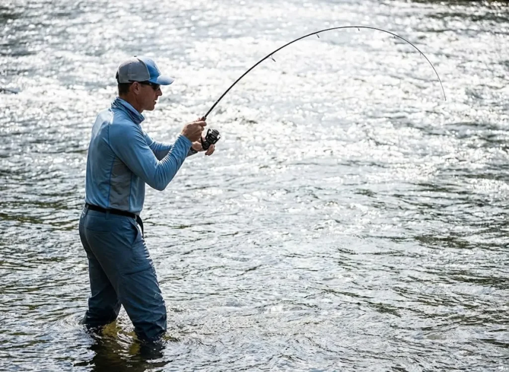 Angler wading in a river testing the flexibility and action of a spinning rod against the water current.