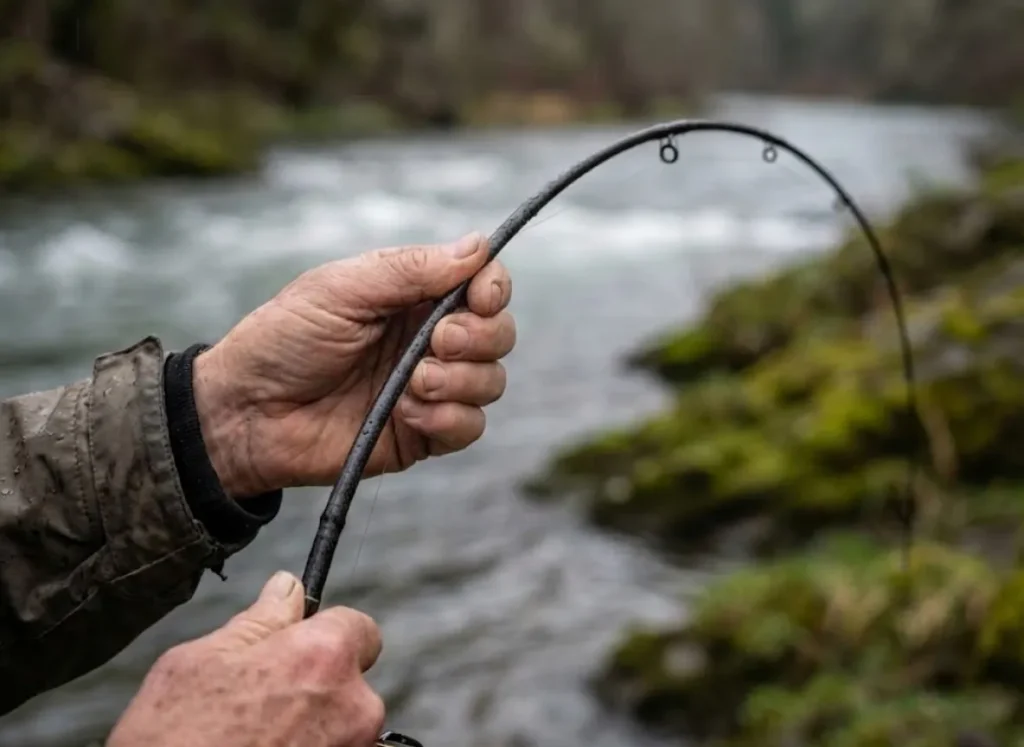 Close up of an angler's hands flexing a fishing rod to test its action and power.