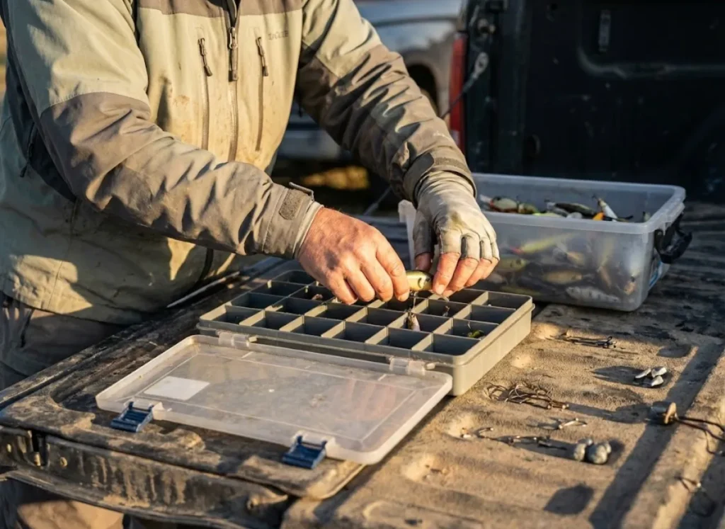 Angler organizing fishing lures into a modular tackle tray on a truck tailgate during sunset.