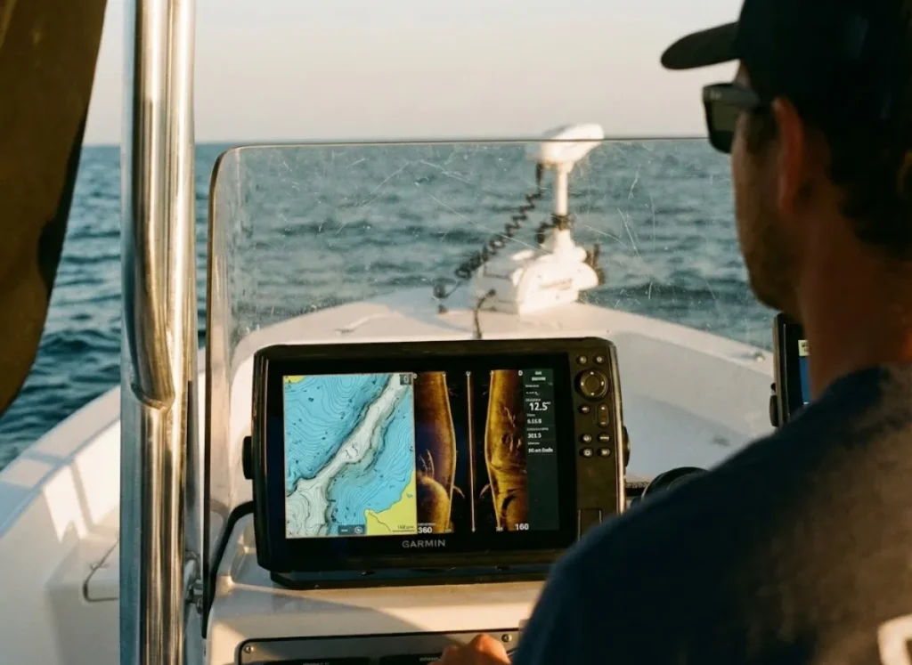 View from boat helm showing fish finder screen integration with a deployed trolling motor in the background.