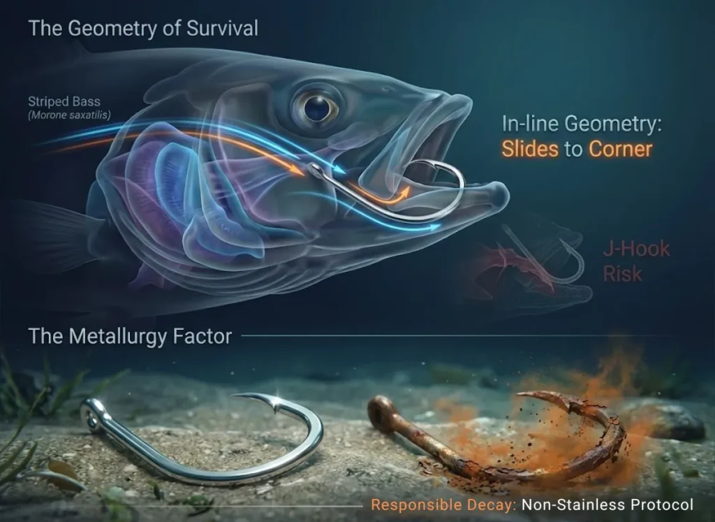 A split-screen scientific illustration. The left side features a cross-section of a fish's mouth showing a circle hook sliding into the jaw corner, labeled 'Safe Jaw Hooking'. The right side contrasts a J-hook deep in the gullet. A bottom inset shows a magnifying glass view comparing a shiny stainless steel hook with a dissolving bronzed hook, labeled 'Corrodible Metallurgy'.
