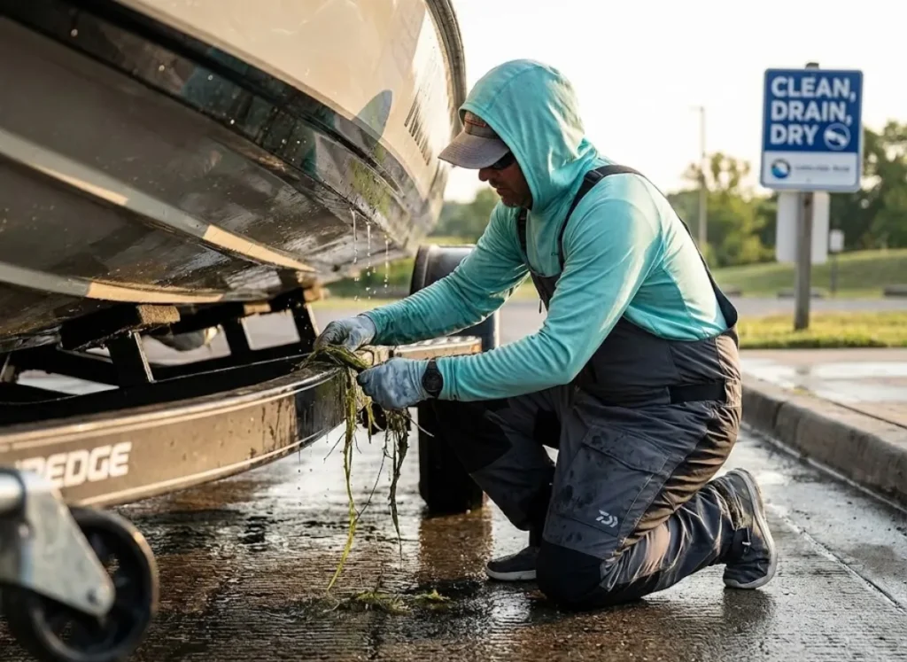 An angler removing aquatic weeds from a boat trailer at a boat ramp to prevent invasive species spread.