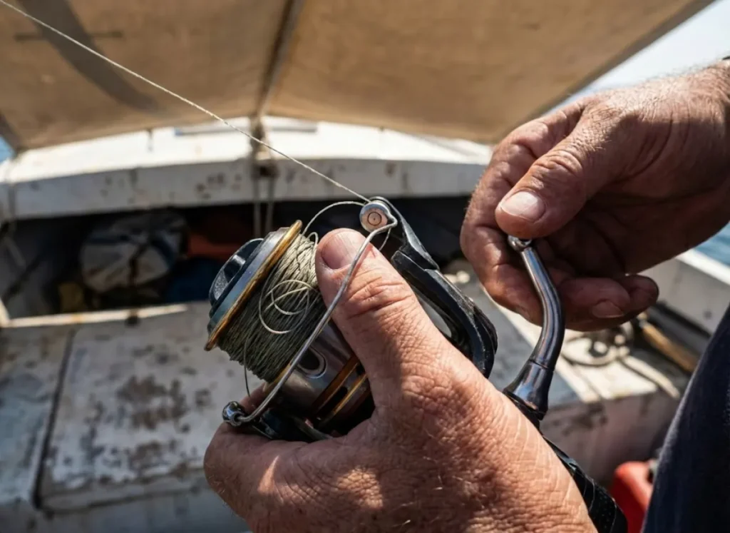 Close-up of an angler using their thumb to press on the spool while clearing a fishing line tangle.