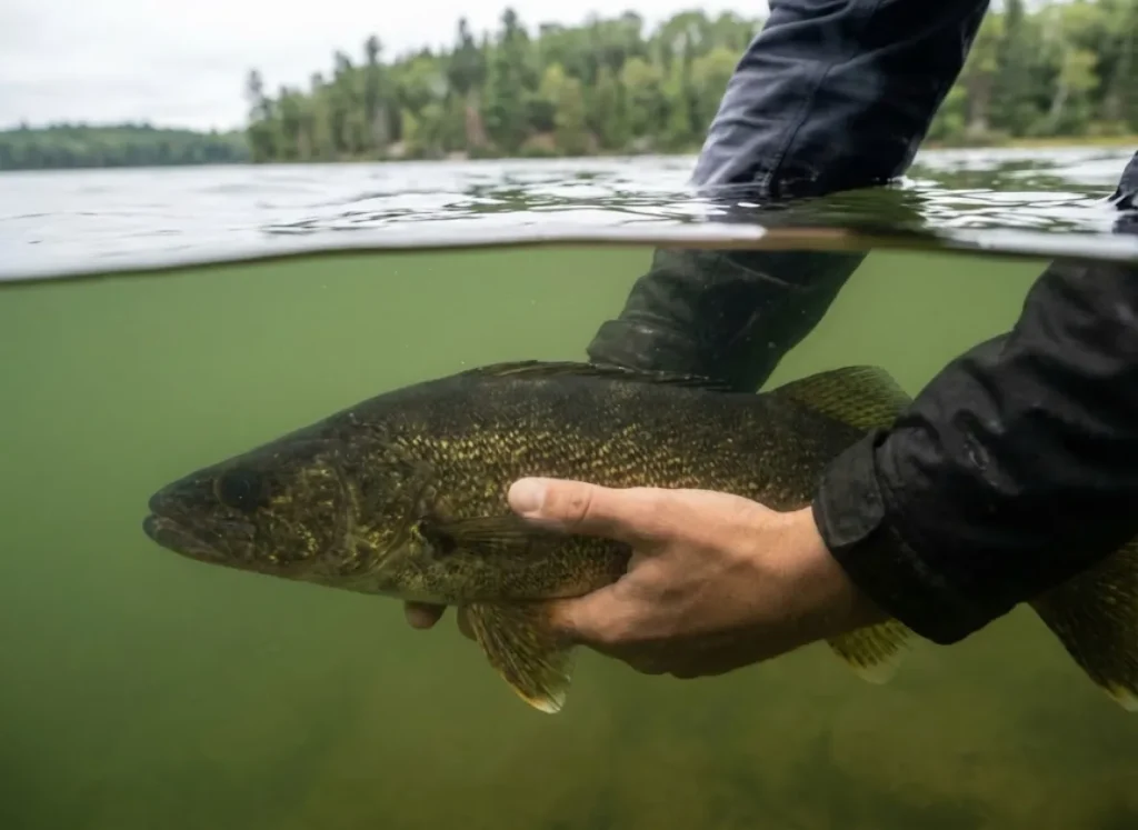 Angler's hands gently releasing a large walleye back into the water.