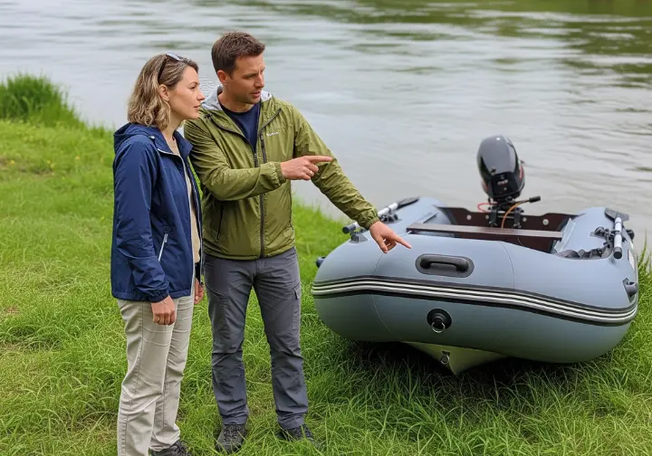 A full-body shot of a man and a woman in outdoor clothes inspecting an inflatable fishing boat on a riverbank, with the man pointing to a feature.