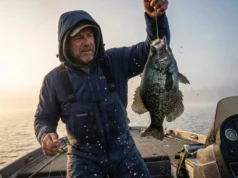 How to Catch Crappie: The Precision Angler’s Guide An angler lifting a large black crappie from the water during a foggy sunrise on a calm lake.