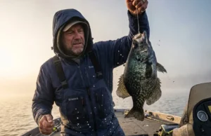 How to Catch Crappie: The Precision Angler’s Guide An angler lifting a large black crappie from the water during a foggy sunrise on a calm lake.